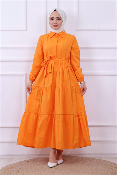 Önü Patlı Elbise Turuncu