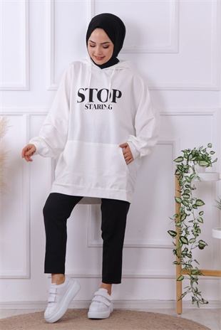 Önü Stop Yazılı Sweat Beyaz