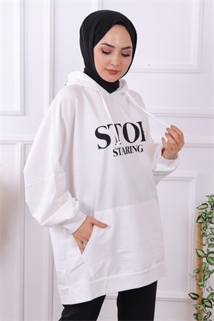 Önü Stop Yazılı Sweat Beyaz
