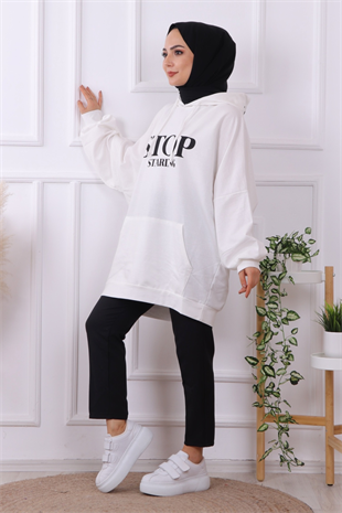 Önü Stop Yazılı Sweat Beyaz