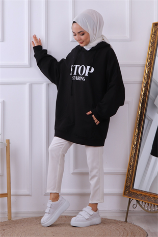 Önü Stop Yazılı Sweat Siyah