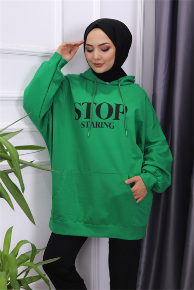 Önü Stop Yazılı Sweat Yeşil