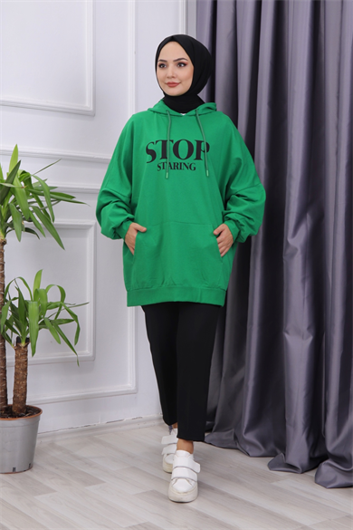 Önü Stop Yazılı Sweat Yeşil