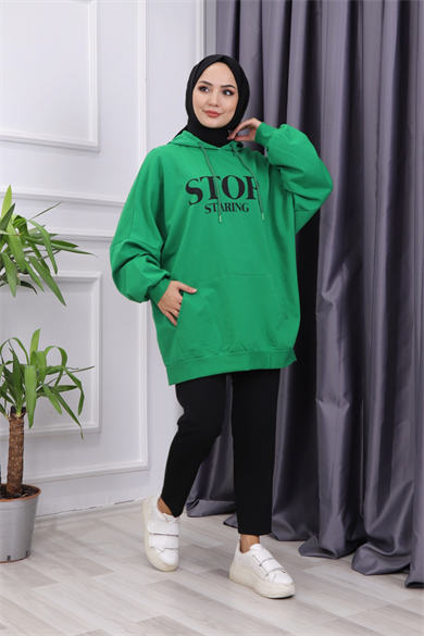 Önü Stop Yazılı Sweat Yeşil