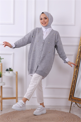 Önü Taş Detaylı Hırka Gri