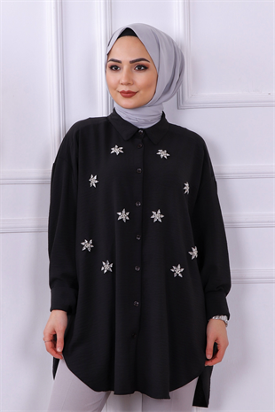 Önü Taş Detaylı Tunik Siyah