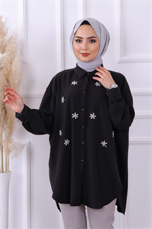 Önü Taş Detaylı Tunik Siyah