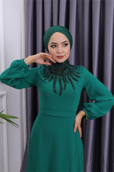 Önü Taşlı Abiye Yeşil