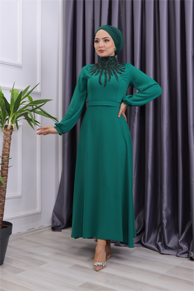 Önü Taşlı Abiye Yeşil