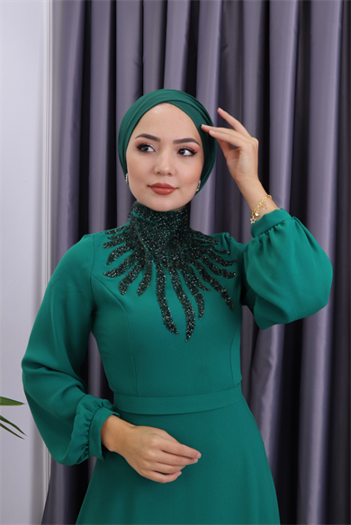 Önü Taşlı Abiye Yeşil