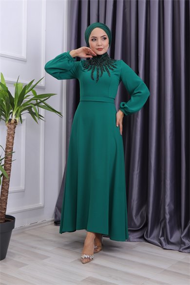 Önü Taşlı Abiye Yeşil