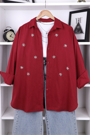 Önü Taşlı Oversize Tunik Bordo