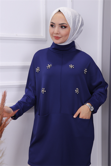 Önü Taşlı Skuba Tunik Lacivert