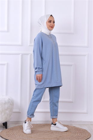 Önü Taşlı Sweat Mavi