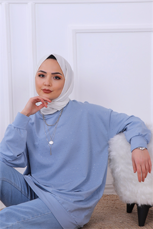 Önü Taşlı Sweat Mavi