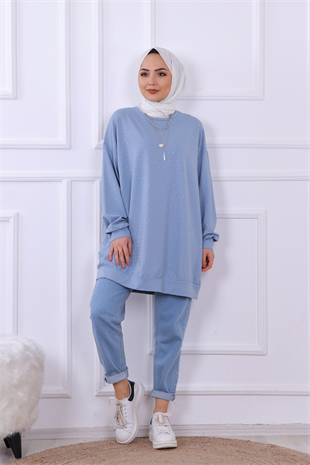 Önü Taşlı Sweat Mavi