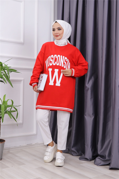 Önü Wısconsın Yazılı Sweat Kırmızı