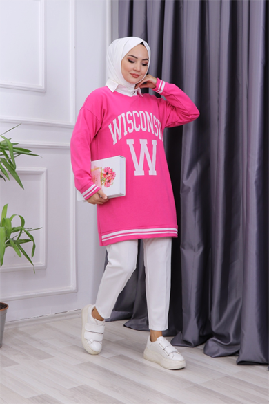 Önü Wısconsın Yazılı Sweat Pembe