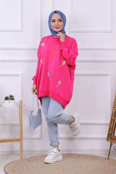 Önü Yaprak Nakışlı Sweat Fuşya