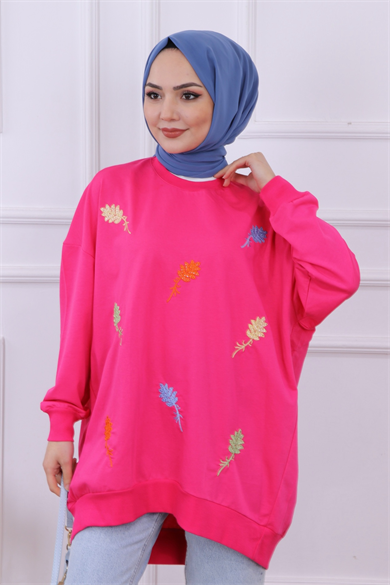 Önü Yaprak Nakışlı Sweat Fuşya