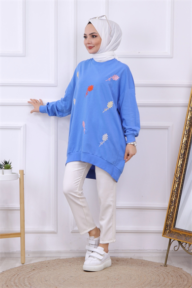 Önü Yaprak Nakışlı Sweat Mavi