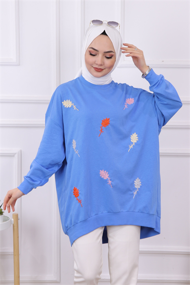 Önü Yaprak Nakışlı Sweat Mavi