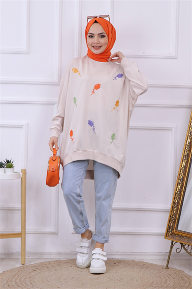 Önü Yaprak Nakışlı Sweat Taş Rengi