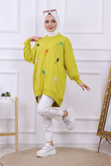 Önü Yaprak Nakışlı Sweat Yağ Yeşili