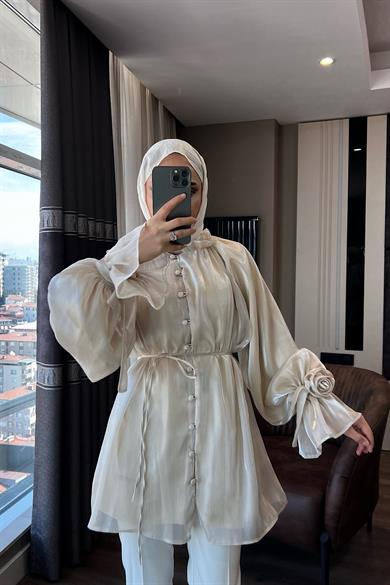 Organze Gül Detaylı Tunik 
