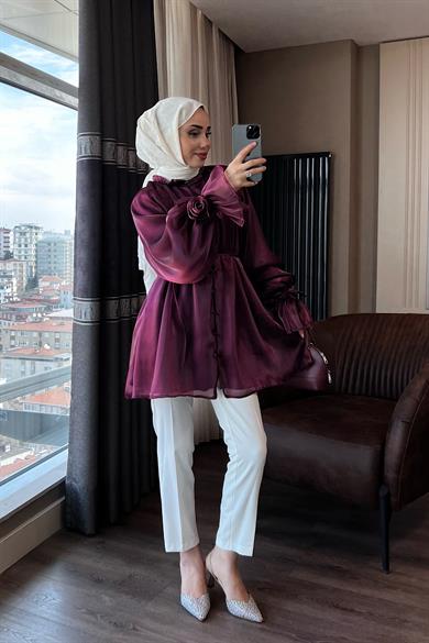 Organze Gül Detaylı Tunik Bordo