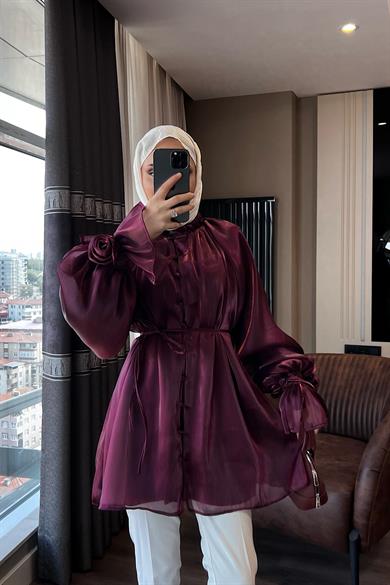 Organze Gül Detaylı Tunik Bordo