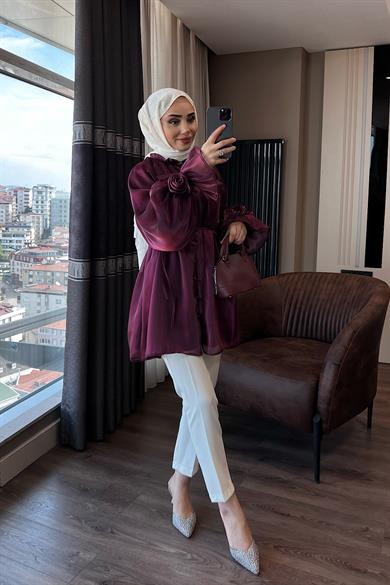 Organze Gül Detaylı Tunik Bordo