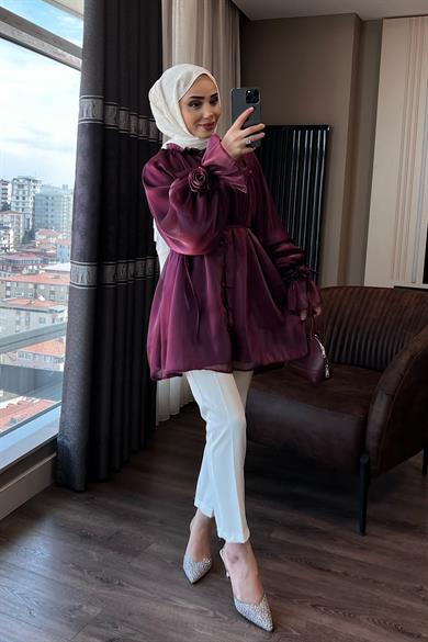 Organze Gül Detaylı Tunik Bordo