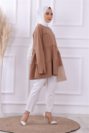 Organze Tül Detaylı Sweat Camel