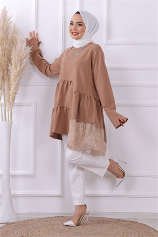 Organze Tül Detaylı Sweat Camel