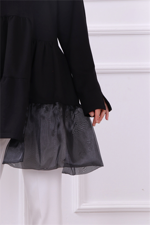 Organze Tül Detaylı Sweat Siyah