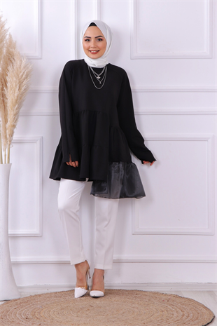 Organze Tül Detaylı Sweat Siyah