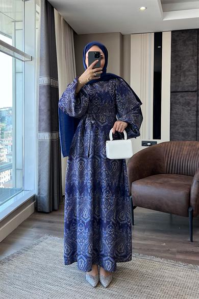 Otantik Desen Balon Kol Saten Elbise