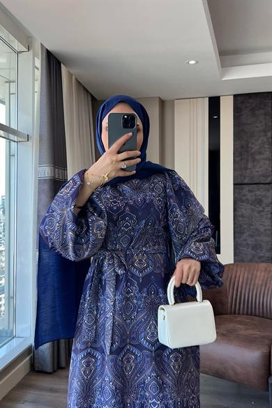 Otantik Desen Balon Kol Saten Elbise