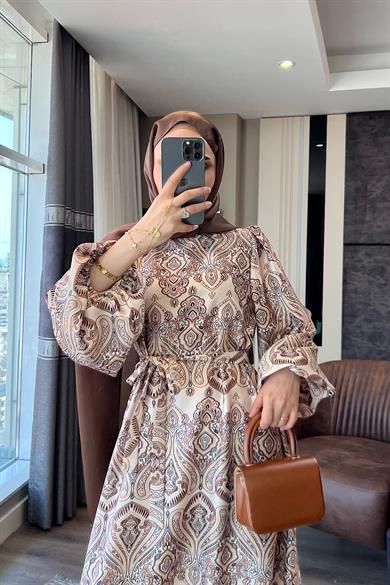 Otantik Desen Balon Kol Saten Elbise Kahverengi-Krem