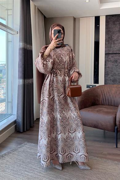 Otantik Desen Balon Kol Saten Elbise Kahverengi-Krem