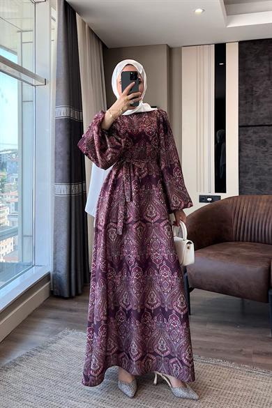 Otantik Desen Balon Kol Saten Elbise Mürdüm