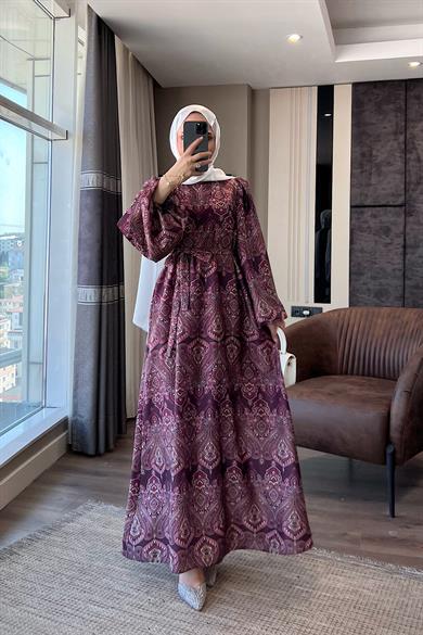 Otantik Desen Balon Kol Saten Elbise Mürdüm