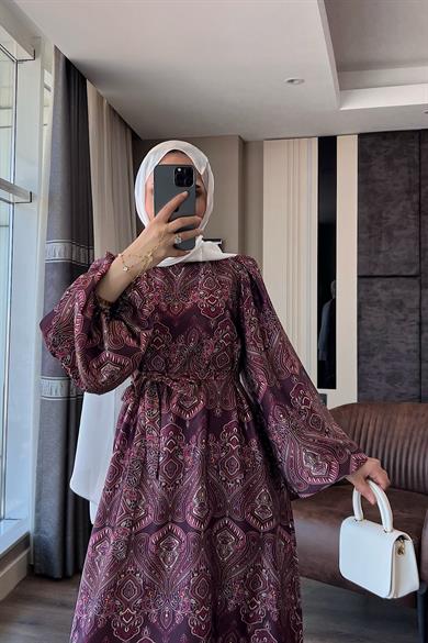 Otantik Desen Balon Kol Saten Elbise Mürdüm