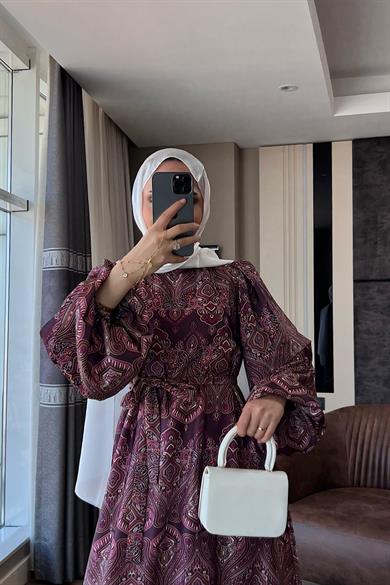 Otantik Desen Balon Kol Saten Elbise Mürdüm