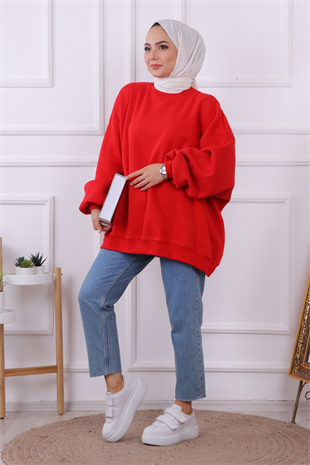 Oversize Balon Kol Tunik Kırmızı
