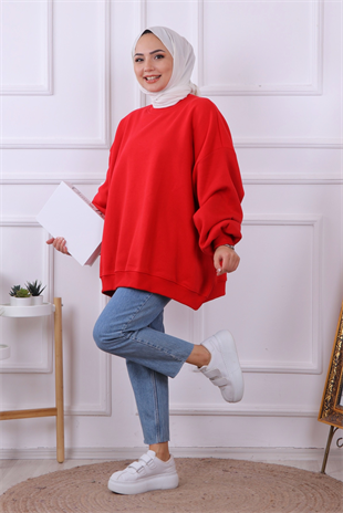 Oversize Balon Kol Tunik Kırmızı