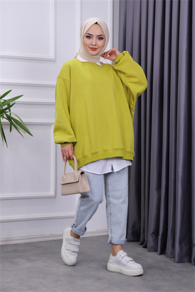 Oversize Balon Kol Tunik Yağ Yeşili