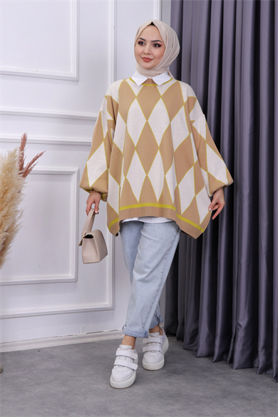 Oversize Kareli Balon Kol Camel