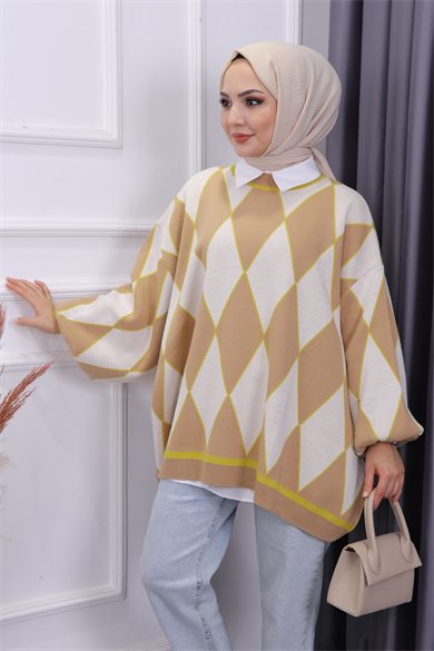 Oversize Kareli Balon Kol Camel